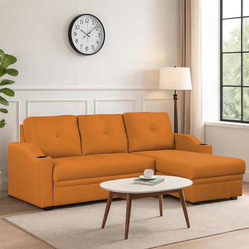 Image of Casaliving Ravonna RHS 4 Seater L Shape Corner Sofa Cum Bed for Living Room (Orange Fabric) Premium Fabric Sofa