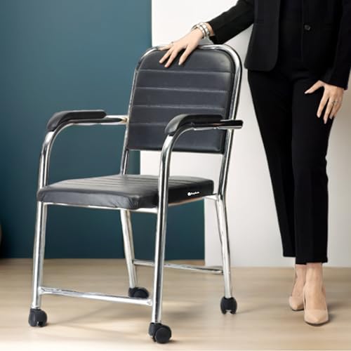 Image of Revolving Executive Manager Office Visitor Study Chair With Arm Rest & Wheels - Steel Frame, Cushion Seat Back, Holds up to 100 kg (Black)