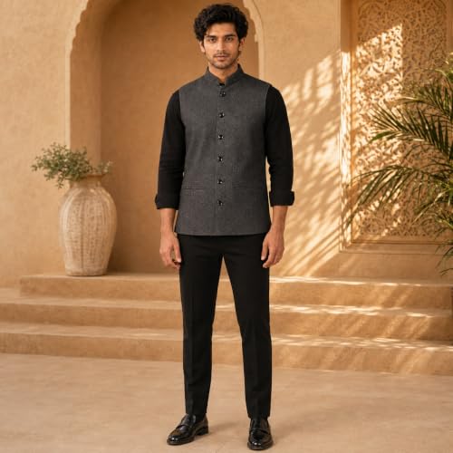 Image of Vastraa Fusion Men's Blue & Grey Chequered Woolen Blended Festive Nehru Jacket /Waistcoat