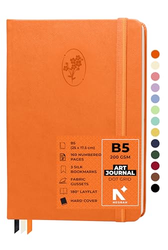 Image of NEORAH - B5 - ART JOURNAL | 200Gsm Dotgrid Notebook |160 Pages(25.0 x 17.5 cm) | Lay Flat |Hard Cover Bullet - Journal | 3 Bookmarks |Elastic Closure| Inner Back Pocket | Ideal-Bujo,Painting (ORANGE)