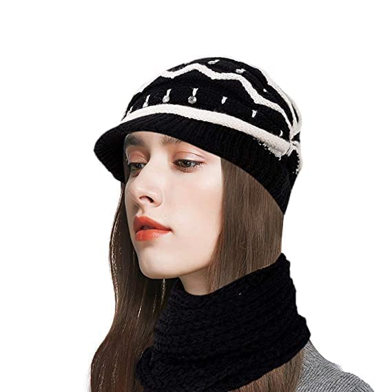 Women's Winter Woollen Warm Visor Cap with Muffler and Gloves (Black,Free Size)-image-28