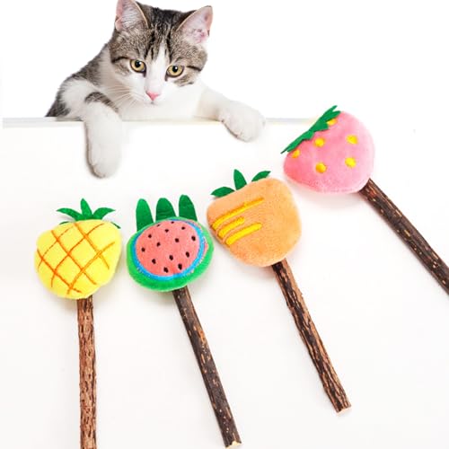 Pawdea 4Pack Natural Fruit Silvervine Catnip Sticks – Cat Toys for Indoor Cats & Kittens, Chew Toys, Teething Toys, Dental Chews, Cat Toy Stick, Kitten Essentials, Birthday Gift