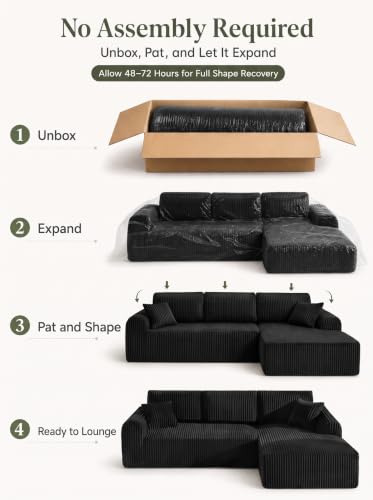 Image of KEIKI 109 inch Corduroy L-Shaped Sectional Sofa with Right Chaise, Black