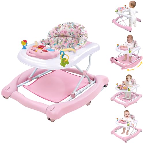 5 in 1 foldable baby walker activity baby walker-baby bouncer rocker activity centerseat and push walkerdetachable trampoline mat adjustable speed rear wheels and heightages 6-18 monthspink