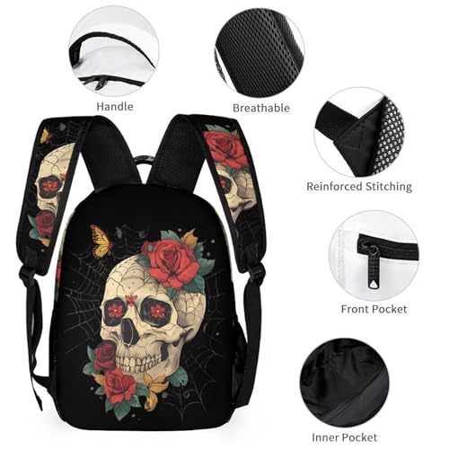 Rose Skull Spider Web Funny Backpack Set with Lunch Bag And Pencil Case Lightweight Bags Sets3