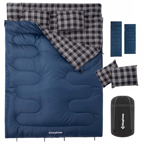 Image of KingCamp Double Sleeping Bag for Adults, Queen Size 2 Person XXL Flannel Sleeping Bag, Waterproof Lightweight Flannel Quilt with 2 Pillows, Perfect for Couples Family Camping Hiking
