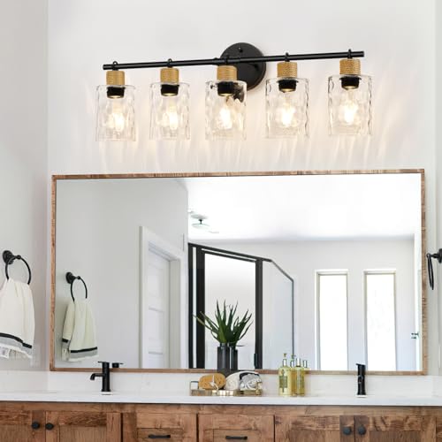 Image of MOKATNG Bathroom Light Fixtures, 5-Light Coastal Vanity Lights with Crystal Glass Shade, Black Bathroom Wall Lamp for Mirror Kitchen Hallway Cabinet