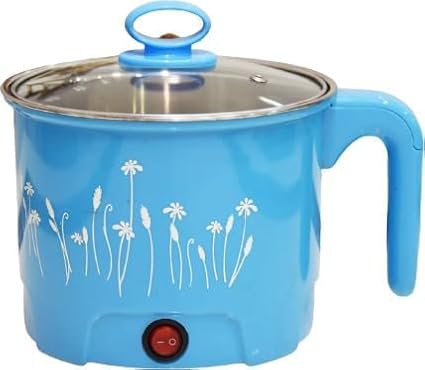 DINOS Electric 1.8 Litre Mini Cooker Kettle with Glass Lid Base Concealed Base Cooking Pot Noodle Maker Egg Boiler hot Pot Vegetable and Rice & Pasta PorridgeTravel Cookers and Steamer, Blue.