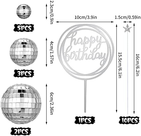 Heyu-Lotus 21 PCS Disco Ball Cake Topper, Happy Birthday Cupcake Toppers Glitter Mirror Ball Cake Decorations 70s Disco Decorations for Birthday 1970s Disco Theme Party Favor Supplies