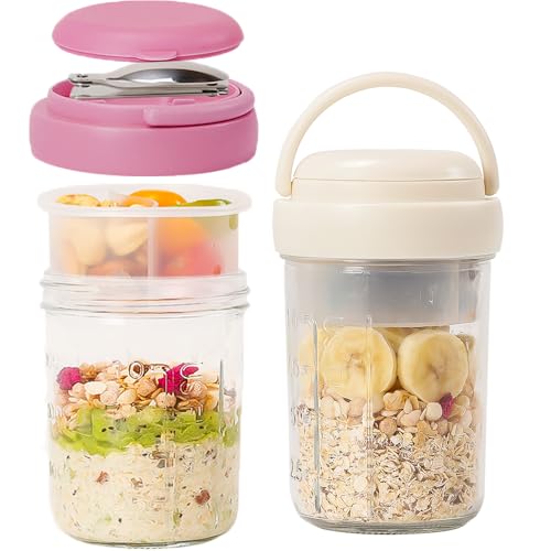 UWILLION Overnight Oats Containers with Handles, 16 oz Glass Mason Jars with Lids, Folding Spoons & Topping Compartments, Yogurt Parfait Cups for Meal Prep, Chia Pudding, Breakfast to Go, 2 Pack