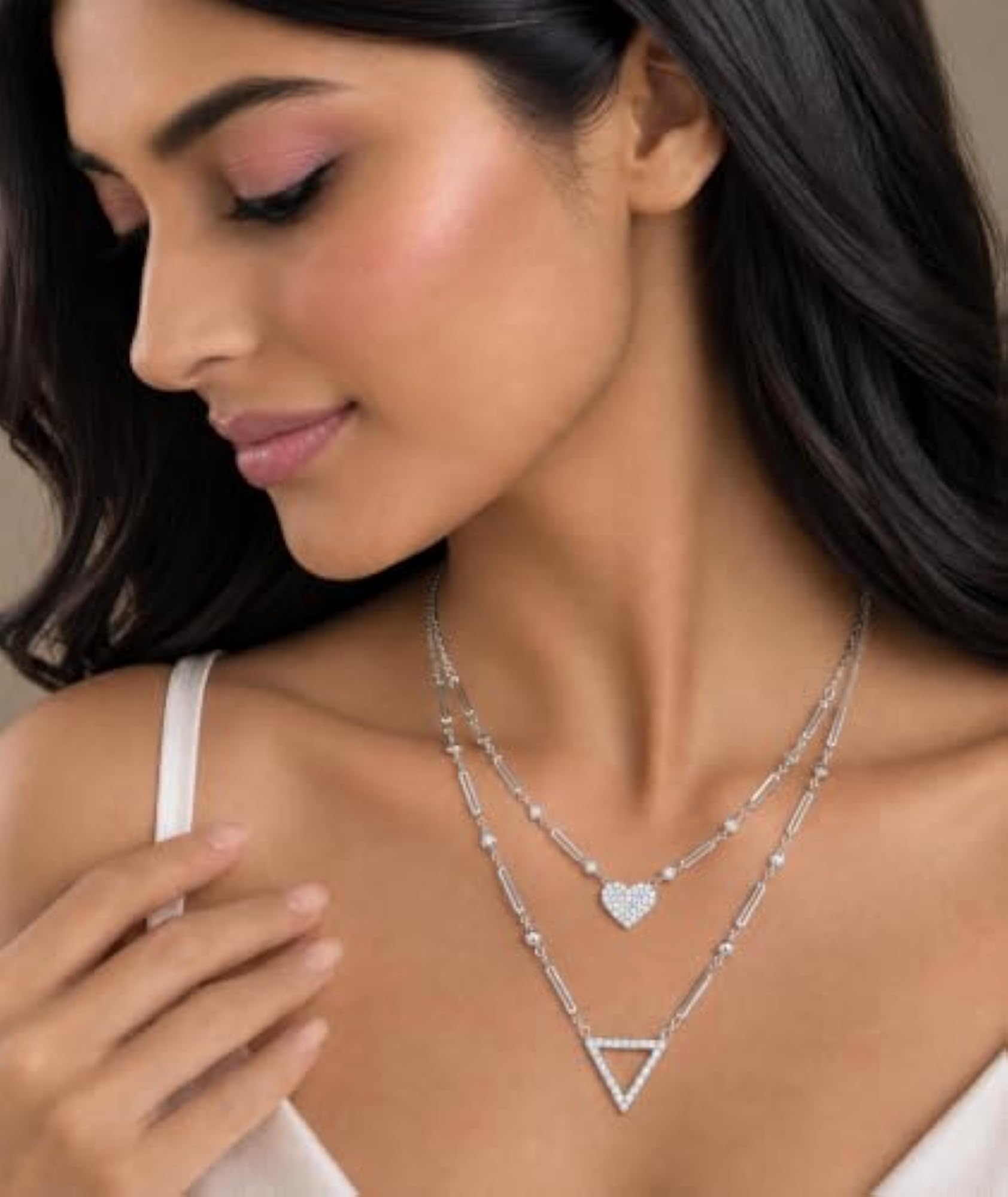 Women's Sterling Silver 925 Layered Heart Triangle Necklace
