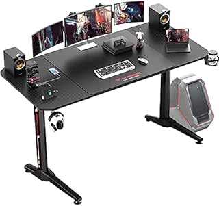 VITESSE Gaming Desk 63 Inch, Ergonomic Gamer Computer Desk with Mouse Pad, PC Gaming Tables with Chargeable Gaming Handle Rack, Cup Holder Headphone Hook