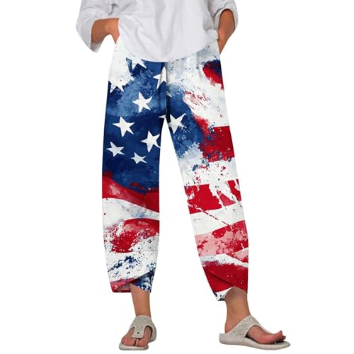 July 4Th Baggy Pants for Women American Flag High Waisted Pants Capri Split Summer Baggy Trouser Elastic Pocket Outfit