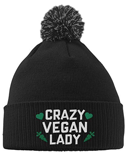 Hippowarehouse Crazy Vegan Lady Embroidered Beanie Hat with Bobble Black