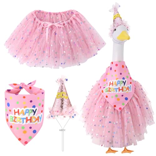 3 Pcs Porch Goose Birthday Outfit Goose Clothes Tutu Skirt Happy Birthday Hat Bandana for 23 17 Cement Goose Outdoor Garden Lawn Yard Art Decor (Pink)