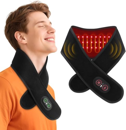 Cordless Neck Heating Pad for Pain Neck Massager with 660nm 850nm Red Light Heated Neck Wrap with 3000mAh Rechargeable 3 Levels Heat & Massage Black