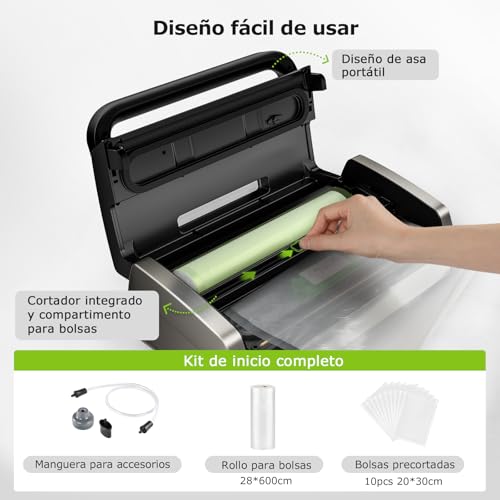 Miniatura 6 de Bonsenkitchen Envasadora Al Vacío, Potente Y Silencioso, Tecnología Globefish Para Trabajo Continuo, Diseño Con Mango Bloqueado, Cortador Integrado, 2 Rollos De Bolsas Incluidos