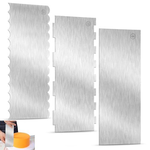 3Pcs Stainless Steel Cake Scraper, 10 Inch Cake Smoother Scraper Double Sided Jagged Wave Stripe Edge Cake Smoother Comb for Icing Mousse Butter Cream Pastry Baking Cake Frosting Tools
