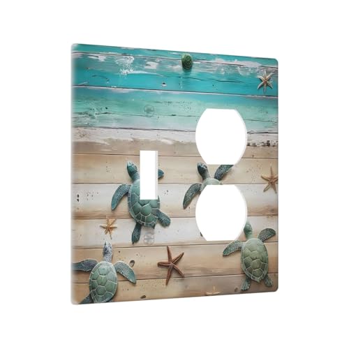Decorative Outlet Covers Turtle Starfish Beaches Blue Wood Plank 2 Gang Wall Plate Cover Single Toggle Duplex Combo Two Switch Light Switch Cover Plate Jumbo Faceplate