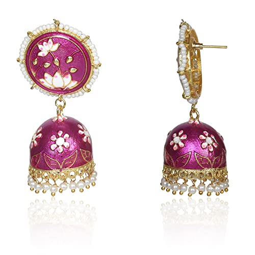 Image of Nilu's Collection Meenakari Dome Shape Jhumka Earrings with Lotus engraved and pearl Beaded Top