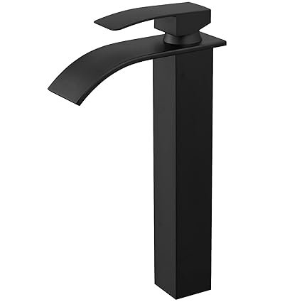 BESy Black Waterfall Spout Bathroom Faucet, Tall Single Handle Bathroom Vessel Sink Faucet, Rv Lavatory Vessel Faucet Basin Mixer Tap, Stainless Steel/Matte Black