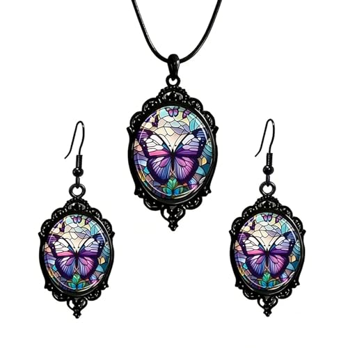 Butterfly Earrings for Women Vintage Gothic Glass Cameo Earrings Purple Butterfly Dangle Earring Purple Drop Earring Gothic Jewelry for Women Halloween Costume Accessories