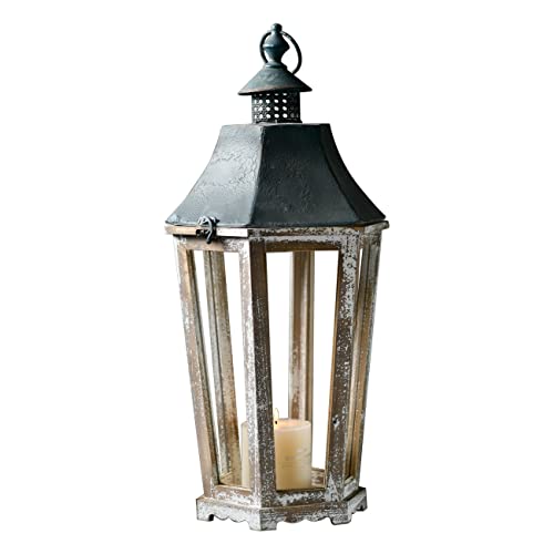 Farmhouse Large Outdoor Lantern 28", Distressed White Vintage Hurricane Candleholders With Hook, Wooden Lanterns Decorative Rustic For Home Decor Indoor Fireplace Floor Wedding Table Real Candles #TOP7