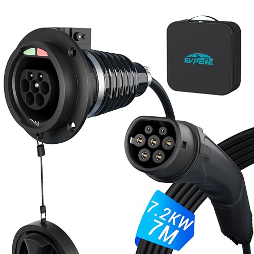 EVPEIWE Cable de Extensión para Carga de Coche Eléctrico Tipo 2, 7.2KW/32A | Monofásico | 7M | con Cerradura de Seguridad para BEV y PHEV con IEC-62196, para Cargadores y Cables de Carga Tipo 2