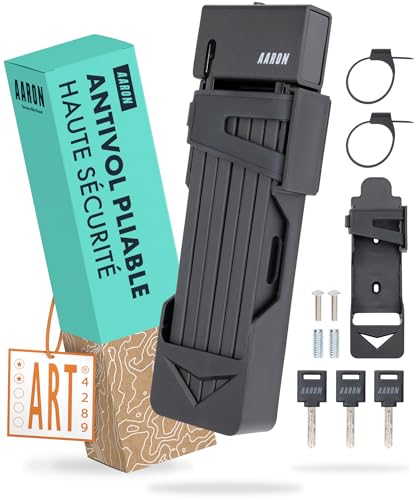 AARON Shield Antivol de vélo – Antivol pliable sécurisé niveau 14 – Antivol de haute sécurité breveté avec support – Antivol léger avec clé pour vélo électrique, vélo de route, moto, VTT en noir