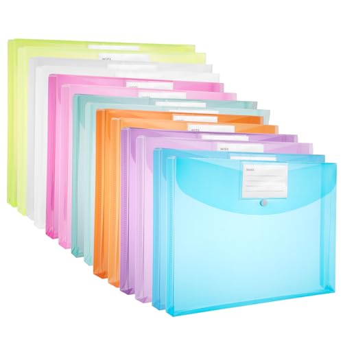 Plastic Wallets A4, 14 Pack Plastic File Folders A4 Document Folders Expandable Folders with Button for Home, Office, School and Travel