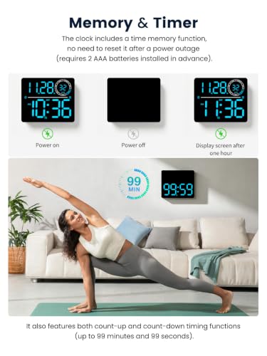 Image of Digital Wall Clock, Digital Clock Large Display with Remote Control, Auto-Dimming Wall Clock with 9 RGB Night Light, Temp & Current Week Number for Seniors, Classroom, Office, Living Room, Bedroom
