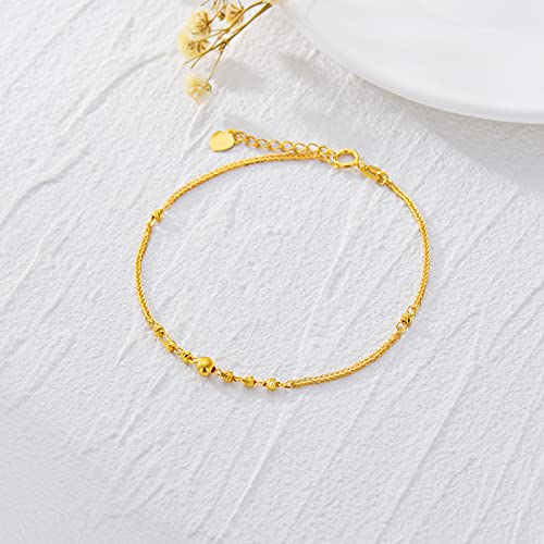 18Kt Real Gold Link Chain Bracelet, Dainty Yellow Gold Italian Wheat Chain Bracelets With Bead Jewelry Anniversary Mother's Day Gift For Women, Girls, 6.3"-7.1" #TOP3