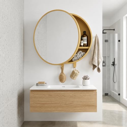 Image of CIPLA PLAST Rich Look Bathroom Cabinet with Mirror | Storage Organiser | Strong Plastic Bathroom Shelves Wall Mounted | Bathroom Accessories| Mirror Cabinet (2, METELLIC Gold, Round)