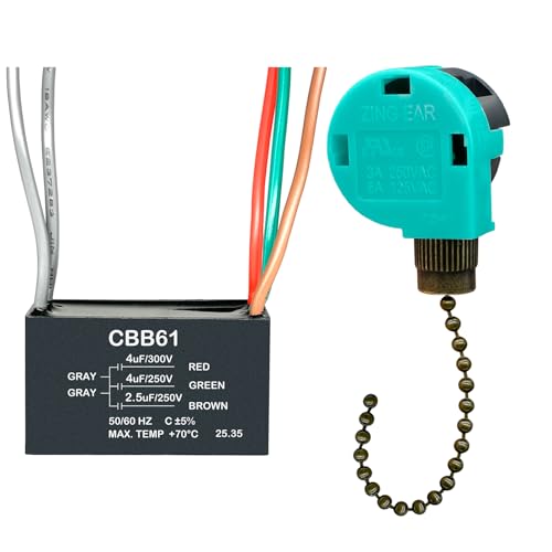 YukiHalu Ceiling Fan Pull Chain Switch 3 Speed 4 Wire Ceiling Fan Capacitor CBB61 4uf + 4uf + 2.5uf 5 Wires 250V Light Switch for Fan and Light (ZE-268S6 Antique 4+4+2.5uF)