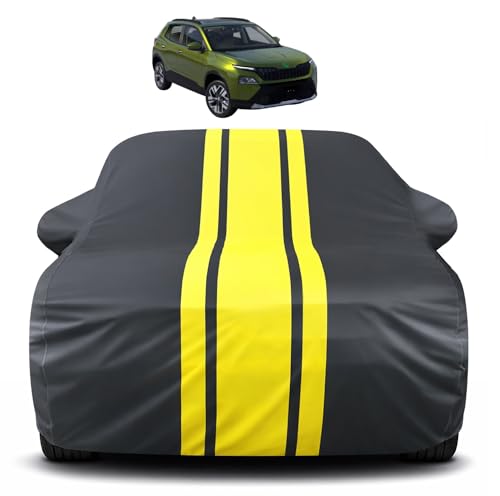Image of Auto Hub Car Cover Compatible with Skoda Kylaq with Mirror Pocket, Soft Cotton Lining, Kylaq Car Cover Waterproof - Yellow-Black