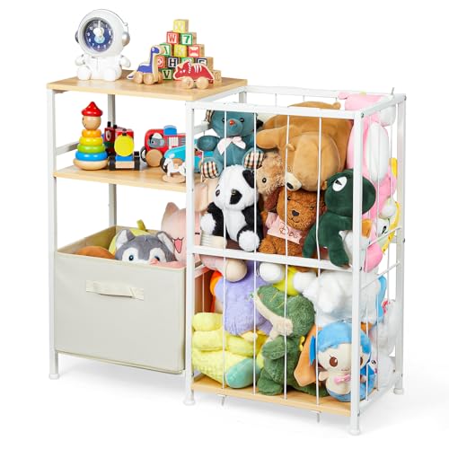 Image of Stuffed Animal Storage, Kids Toy Storage Organizer with Toy Box for Boys Girls Kids Toddlers Baby, Stuff Animal Organizer with Elastic Cord for Playroom Living Room and Kids Room Organization