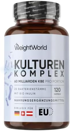 WeightWorld Kulturen Komplex mit 60 Mrd. KBE - 120 vegane Kapseln | 20 Bakterienstämme und Bio Inulin, Bakterienkulturen mit Bifidobacterium, Lactobacillus Gasseri & Reuteri, 2 Mon