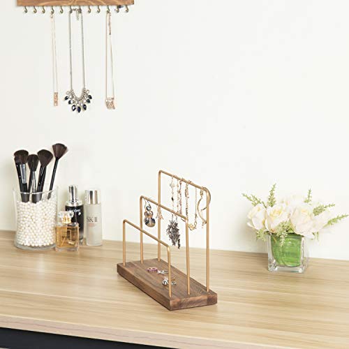 Mygift Brass Metal 3 Tiered Tabletop Jewelry Display Stand With Burnt Wood Base, 3 Hanging Bar Bracelets And Earrings Organizer #TOP2