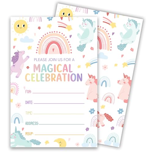 LOhgys Unicorn Theme Birthday Party Invitations Rainbow Design Invite Cards with Envelopes Magical Celebration Birthday Party Supplies for Boys Girls 4 x 6 Double Sided Fill In Blank-20 Pack