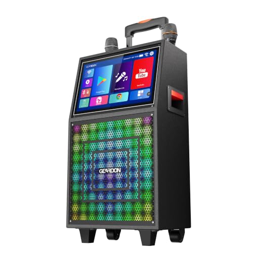 GEARDON Karaoke Machine with Lyrics Display Screen for Adults, 15 Inches Tablet, Bluetooth Speaker w/ 2 Rechargeable UHF Mics, 1000W Peak Power, DJ Lights, Portable Karaoke System for Any Occasion
