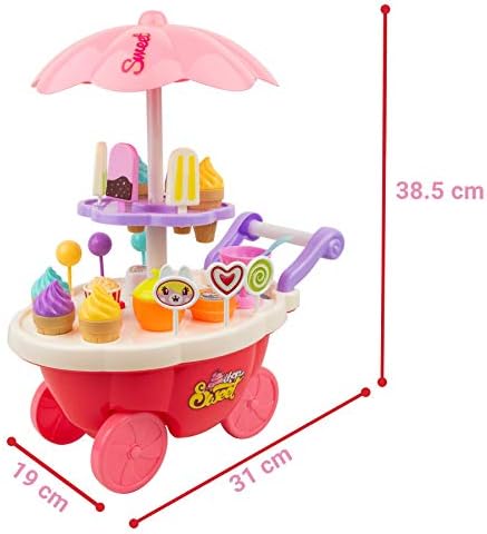 SOKA 36 Pcs Kids Ice Cream Trolley with Light and Sound - Pretend Play Food Toy for Children