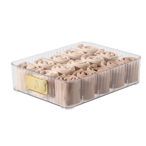 Sock Organizer for Drawer, 15 Compartments Detachable Plastic Underwear Drawer Organizer with Lid for Closet, Compartment Storage Ideal for Socks, Bras, Ties, and Scarves (Sock)