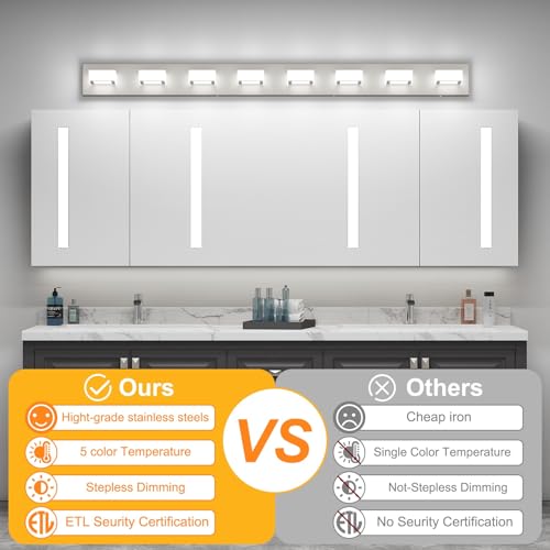 Image of Ralbay 52inch Brushed Nickel Vanity Lights 8 Lights Dimmable 5 Color Temperature Acrylic Modern LED Bathroom Vanity Lighting Fixtures Brushed Nickel