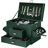 Seelux Caja de joyería Joyeros Mujer Organizador con 2 Cajones Diseño único en Forma de Abanico para Pendientes, Pulseras, Anillos, Almacenamiento y Expositor, Relojes, Gafas, Bloqueable, Verde Oscuro