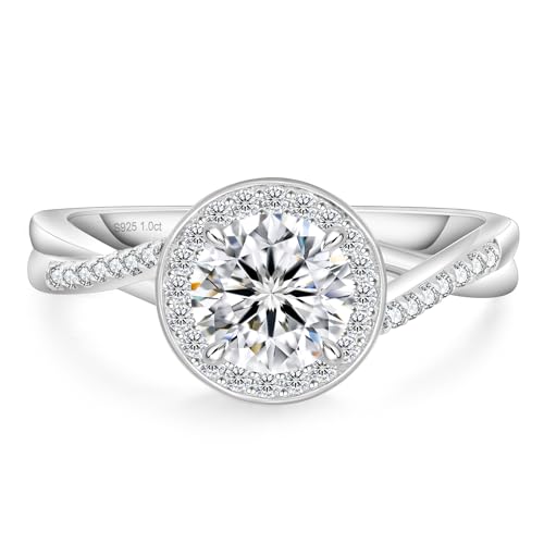 KRKC&CO Moissanite Promise Rings for Women, 1.0 CT Halo Engagement Ring, Petite Twisted Vine Simulated, D Color VVS1 Clarity White Bridal Rings