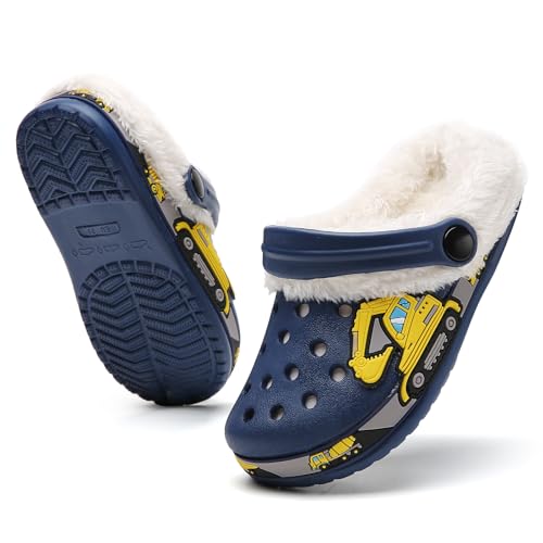 SECHRITE Kids Fur Lined Clogs Garden Shoes for Boys Girls Toddler Cartoon Slip On Mules Slides Sandals with Removable Fleece Lined Winter Warm Indoor Outdoor Home Slippers Non-Slip Sole Navy 32 by SECHRITE - Image 5