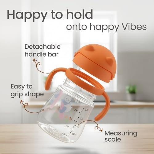 Image of LuvLap Joy Anti Spill Sipper for Kids with Twin Easy-Grip Handles, 270 ml, Sippy Cups with Soft Silicone Straw, Training Cup for Kids,Water Bottle, Non-Toxic & BPA Free, 1 Year+ (Orange)