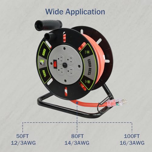 EP Extension Cord Storage Reel with 4-Grounded Outlets, Heavy Duty Open Cord Reel for 12/3 14/3 16/3 Power Cords, Portable Empty Hand Crank Electric Cord Roller Holder, GY