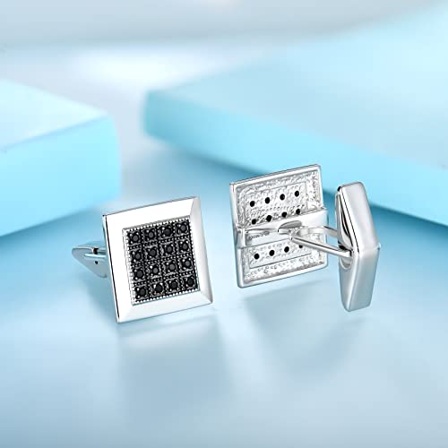 JO WISDOM Manchetknopen voor heren, 925 sterling zilver, rechthoekig/rond/vierkant met AAA zirkonia, zwarte onyx - Image 3