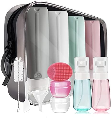 Pro Kit Leak-proof 3oz Silicone Travel Size Bottles Set Airport TSA Approved Toiletries Toiletry Containers Accessories for Airplane Empty Refillable Reusable with Makeup Bag Spray Bottle Brush…